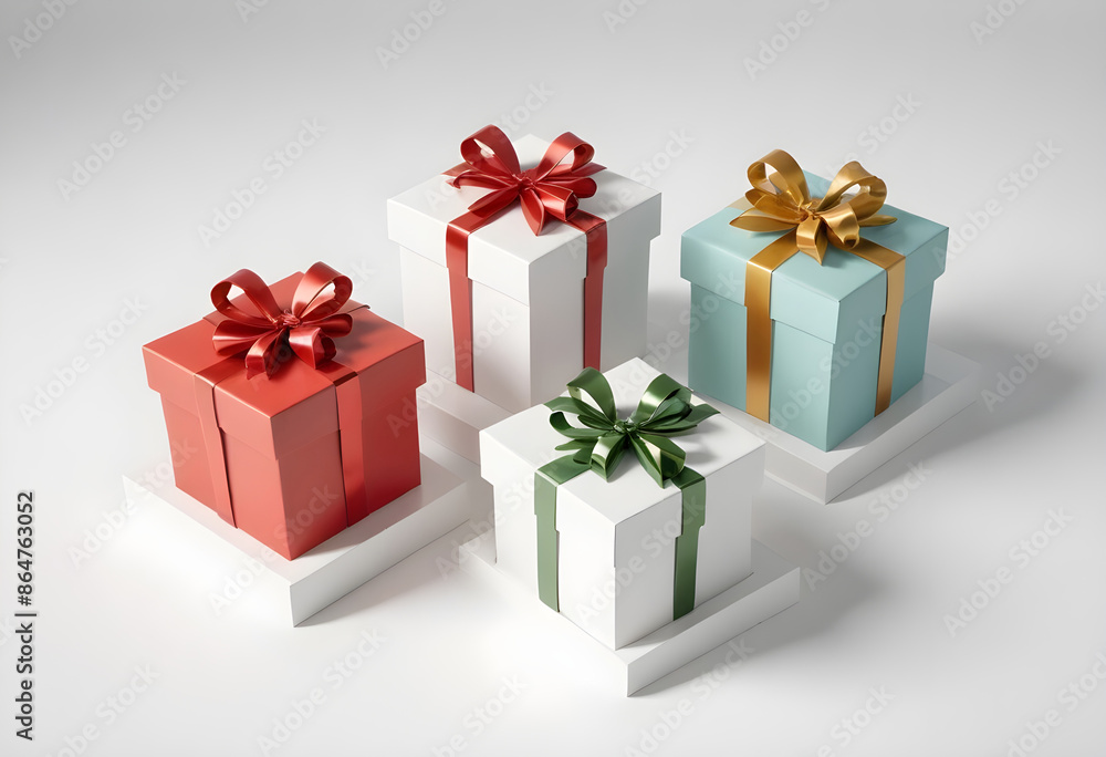 Obraz premium Elegant Gift Boxes in Pastel Colors with Ribbons on the white stands