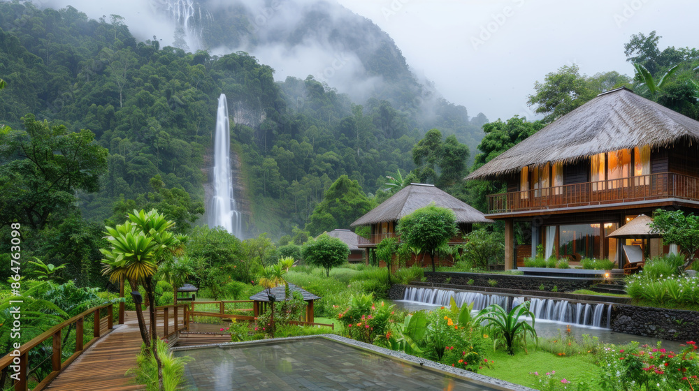 Wooden house by a natural river and waterfall with fresh green plants Wooden house by a natural river and waterfall with fresh green plants