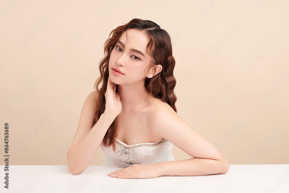 Beautiful young asian woman with clean fresh skin on beige background, Face care, Facial treatment, Cosmetology, beauty and spa, Asian women portrait. Beautiful young asian woman with clean fresh skin on beige background, Face care, Facial treatment, Cosmetology, beauty and spa, Asian women portrait.
