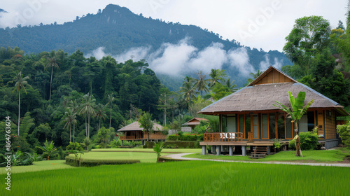 Wooden house at tropical terraces and fresh green paddy field © Ari