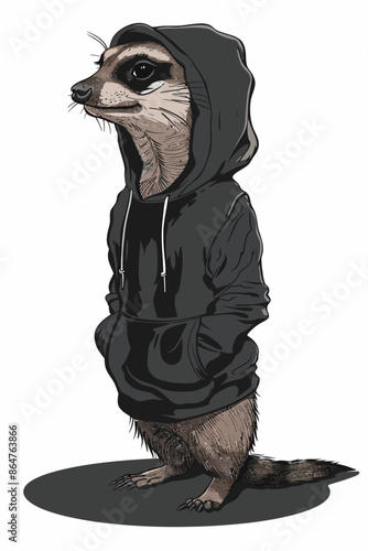 a very cute tricky Meerkat in a black hoodie in full growth, cartoon, Simple 2d vector illustration