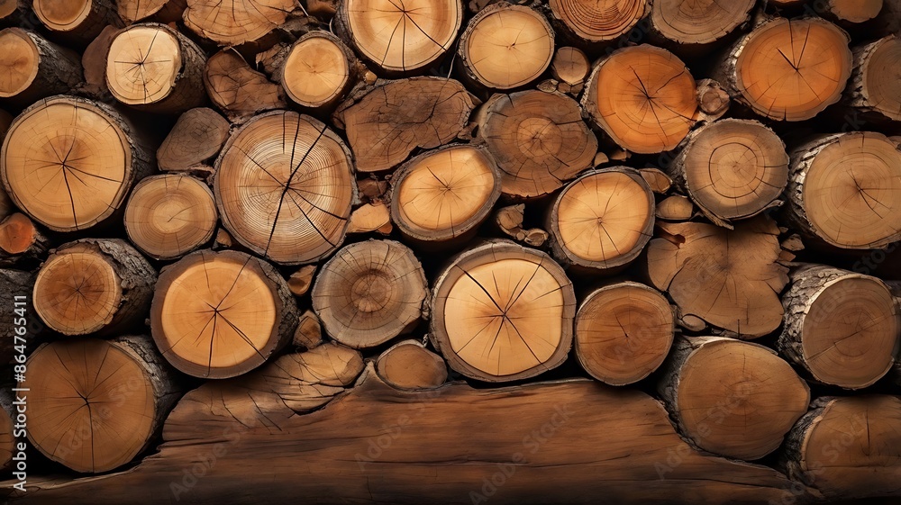 Fototapeta premium Background from round wooden logs. Beautiful sawn mulberry wood densely stacked in several layers close-up