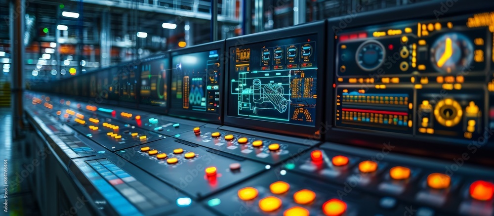 Naklejka premium Advanced Control Interface in Modern Factory with Glowing Screens Displaying Operational Data and Machinery Status