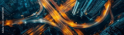 Futuristic Urban Infrastructure: Aerial View of City Highways and Overpasses with Advanced Traffic Management