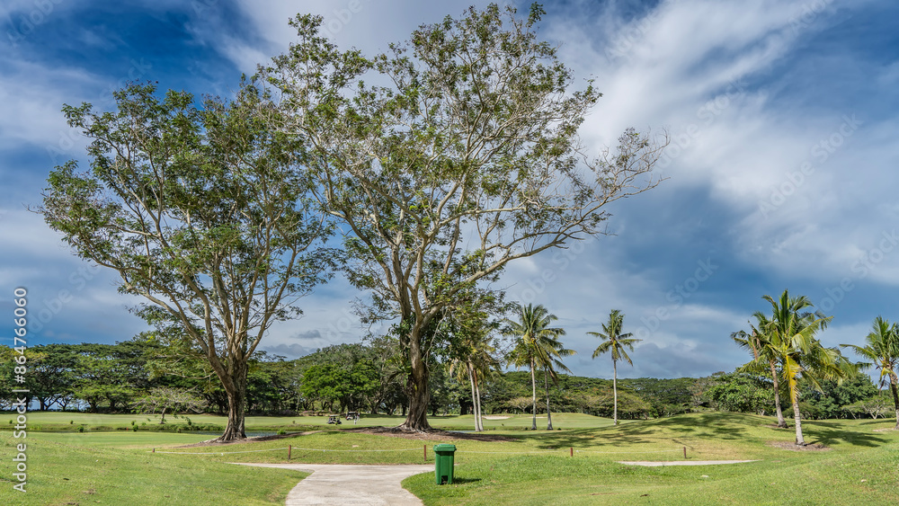 Footpaths meander between golf courses. The lawns have trimmed green grass, palm trees, deciduous. In the distance there are golf carts, silhouettes of people playing. Blue sky, clouds. Malaysia. Footpaths meander between golf courses. The lawns have trimmed green grass, palm trees, deciduous. In the distance there are golf carts, silhouettes of people playing. Blue sky, clouds. Malaysia.