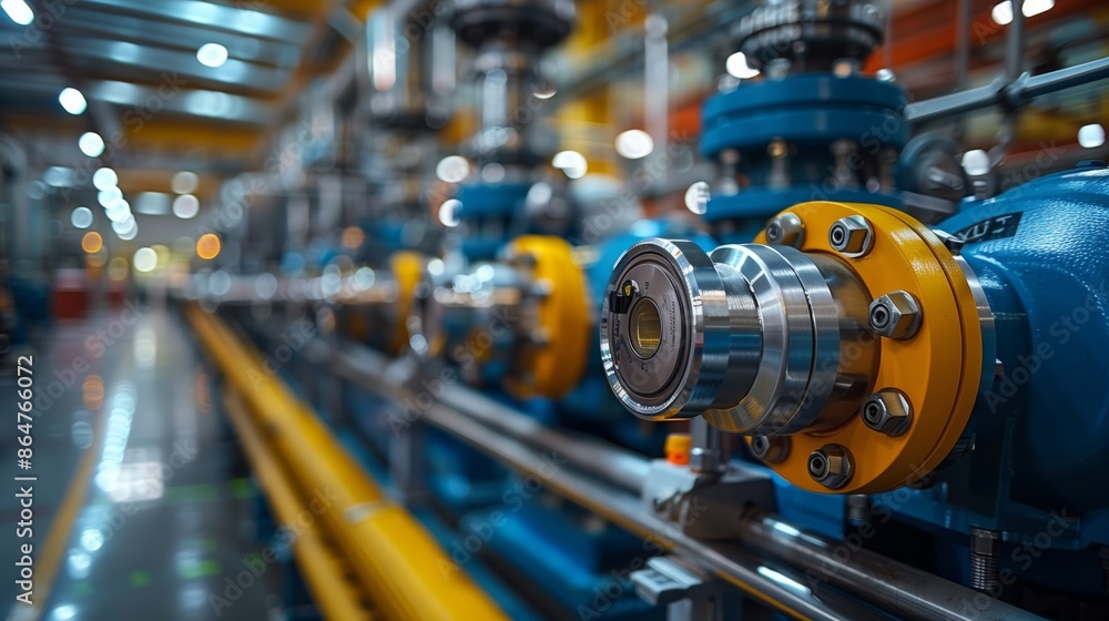 Yellow and Blue Machinery in Modern Factory. Close-up of yellow and blue machinery in a modern factory, emphasizing precision engineering and high-tech manufacturing processes. Yellow and Blue Machinery in Modern Factory. Close-up of yellow and blue machinery in a modern factory, emphasizing precision engineering and high-tech manufacturing processes.