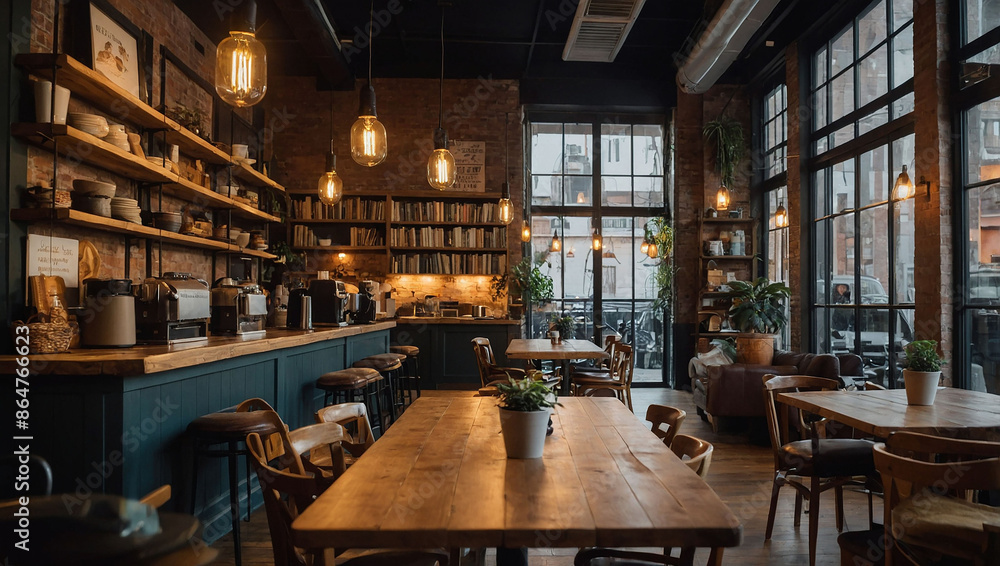 Obraz premium cozy cafe background with wooden tables 