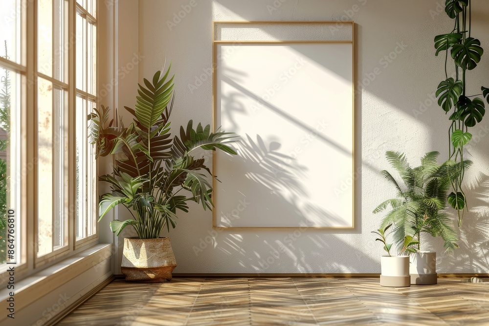 Fototapeta premium Mockup of a frame featuring ISO A paper size, perfect for showcasing living room wall posters. Displayed against a contemporary house interior backdrop, highlighting modern interior design elements.