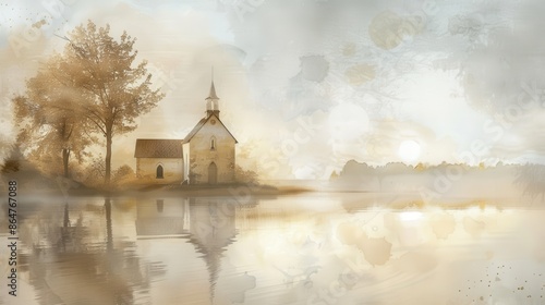 Wallpaper Mural Biblical Illustration of Peaceful Lakeside Chapel at Sunrise on Beige Background, Tranquility and Reflection, Christian Copyspace Torontodigital.ca
