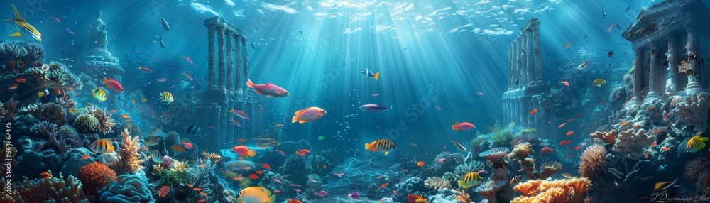 Fototapeta premium Sunbeams illuminate vibrant coral reef with colorful fish swimming.