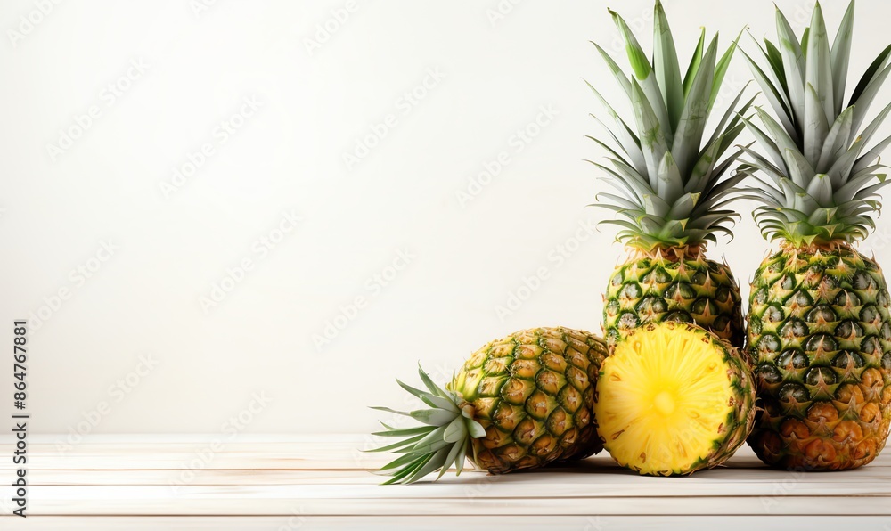 Fototapeta premium Freshly Cut Pineapples on Wooden Surface