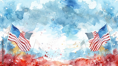 Watercolor patriotic background with two American flags and red, white, and blue splatters.