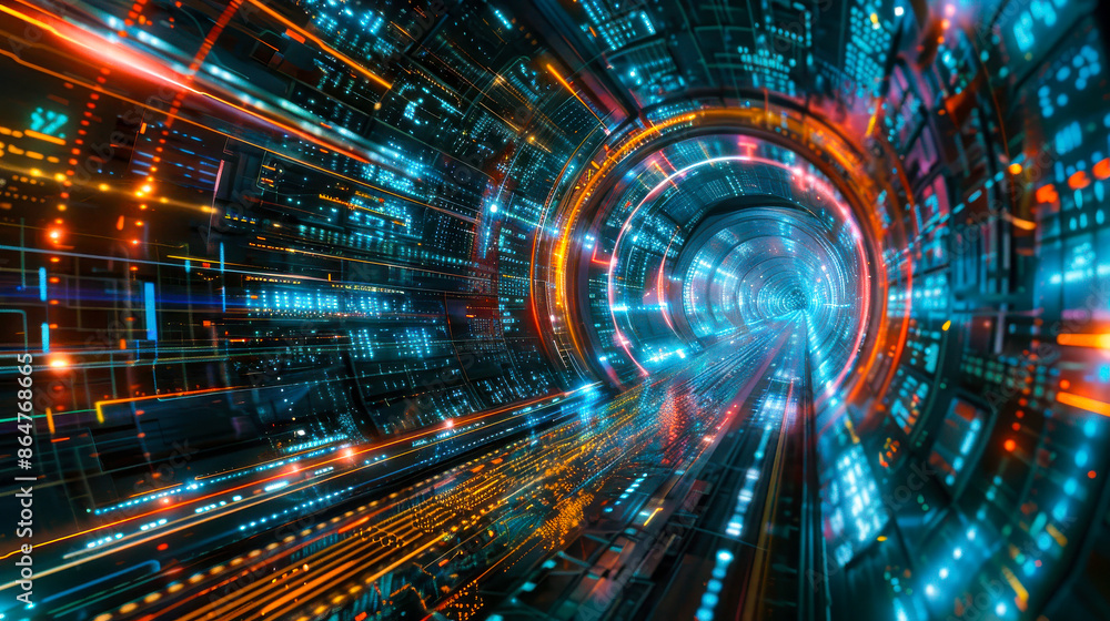 Obraz premium Futuristic Digital Data Tunnel. A visually striking tunnel filled with colorful digital data streams, representing high-speed data transfer and advanced technology in a futuristic setting.