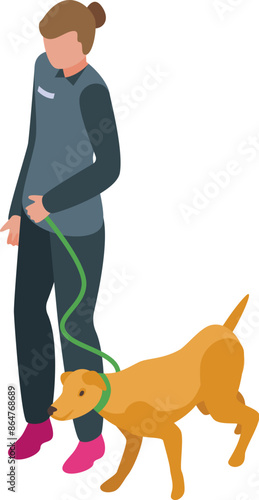 Female dog walker holding leash walking dog outside