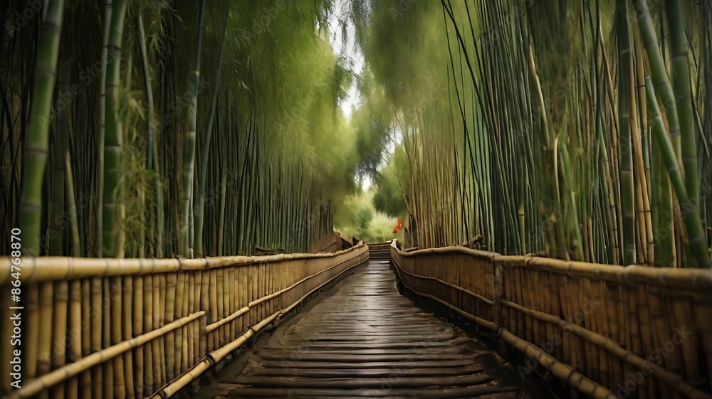 Obraz premium A path with dense bamboo groves on both sides. The pathway of miniature kyoto forest at summertime