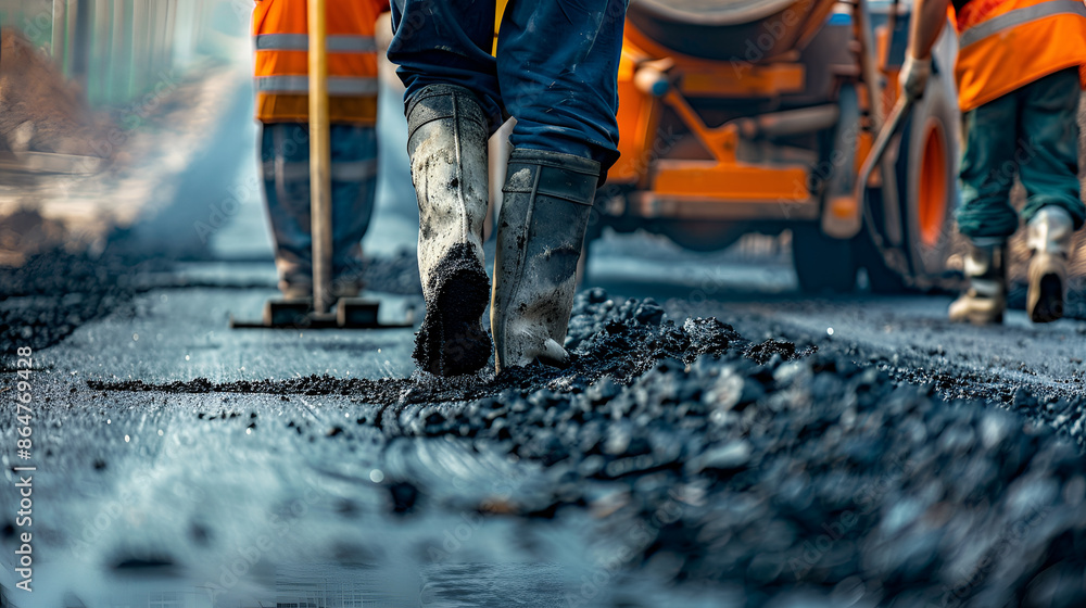 Road construction workers laying down fresh asphalt on a highway, teamwork concept. Road construction workers laying down fresh asphalt on a highway, teamwork concept.