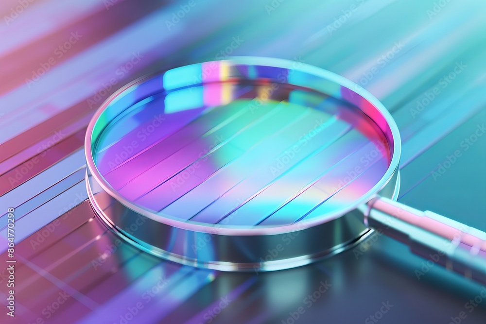 Abstract image of a magnifying glass with colorful reflections on a futuristic surface, symbolizing analysis, research, and discovery. Abstract image of a magnifying glass with colorful reflections on a futuristic surface, symbolizing analysis, research, and discovery.