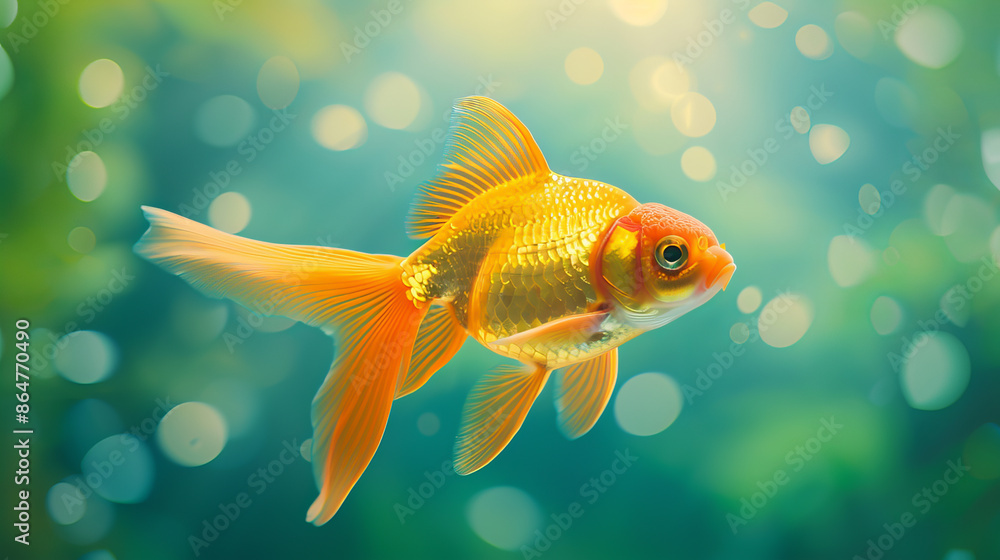 Beautiful goldfish swimming in a serene underwater environment with bokeh light effects, creating a dreamy aquatic scene. Beautiful goldfish swimming in a serene underwater environment with bokeh light effects, creating a dreamy aquatic scene.