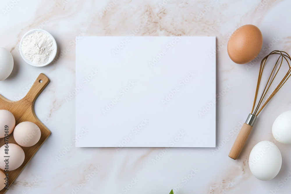 Blank recipe card surrounded by baking ingredients including eggs, flour, and a whisk on a marble surface. Perfect for culinary and kitchen themes. Blank recipe card surrounded by baking ingredients including eggs, flour, and a whisk on a marble surface. Perfect for culinary and kitchen themes.