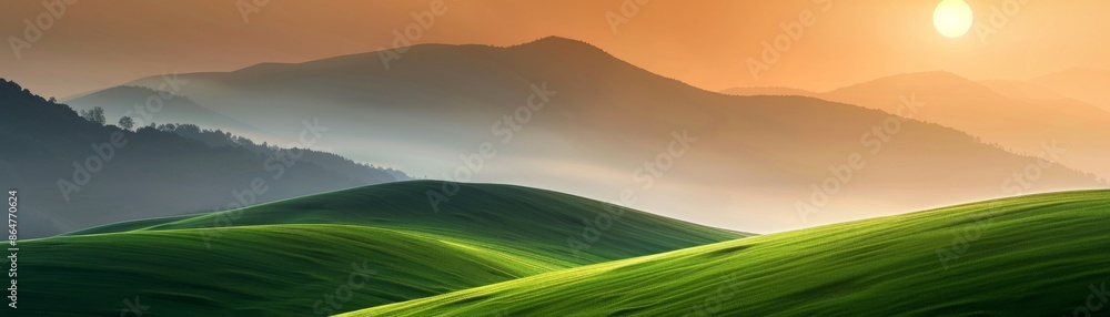 Summer landscape with green hills and grass, bathed in the warm glow of a sunset Summer landscape with green hills and grass, bathed in the warm glow of a sunset