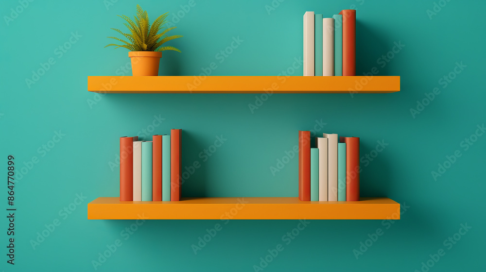Bright orange floating shelves with books and a plant against a teal wall, creating a modern and colorful home decor setting. Bright orange floating shelves with books and a plant against a teal wall, creating a modern and colorful home decor setting.