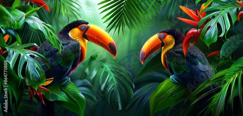 Realistic style toucans in the rainforest, featuring colorful feathers and sharp beaks, surrounded by lush green leaves and red flowers photo