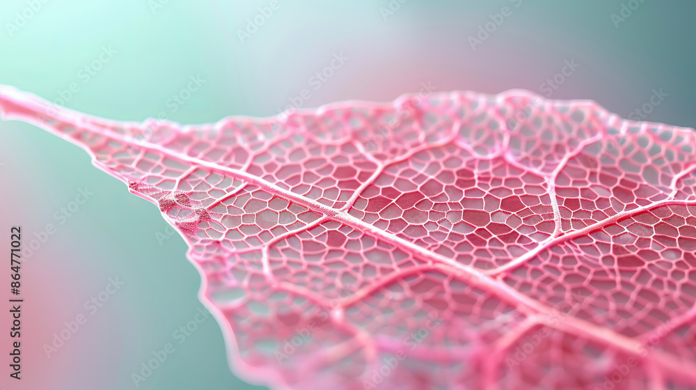 Obraz premium Close-up image of a delicate pink leaf with intricate veining, set against a soft pastel background. Nature's beauty in detail.
