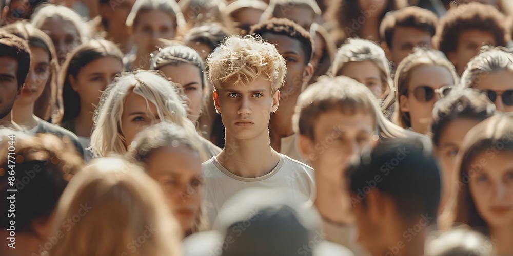 A blonde man stands out in a large crowd looking distinctive. Concept Blonde Man, Distinctive Style, Large Crowd, Stand Out, Unique Appearance A blonde man stands out in a large crowd looking distinctive. Concept Blonde Man, Distinctive Style, Large Crowd, Stand Out, Unique Appearance