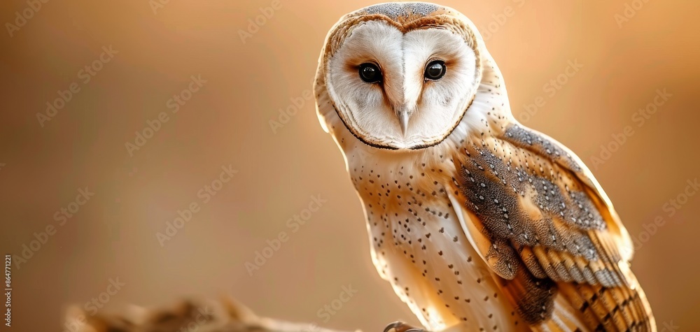 Naklejka premium Barn owl with big eyes and white beak, close-up portrait on a soft beige background