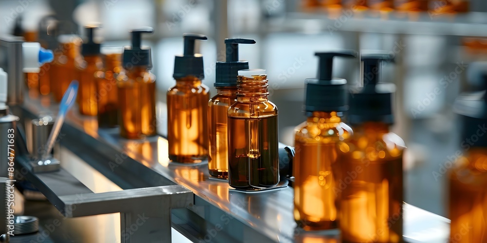 Automated production line in modern factory makes luxury cosmetic packaging with amber liquid. Concept Cosmetic Packaging, Luxury, Modern Factory, Automated Production Line, Amber Liquid Automated production line in modern factory makes luxury cosmetic packaging with amber liquid. Concept Cosmetic Packaging, Luxury, Modern Factory, Automated Production Line, Amber Liquid
