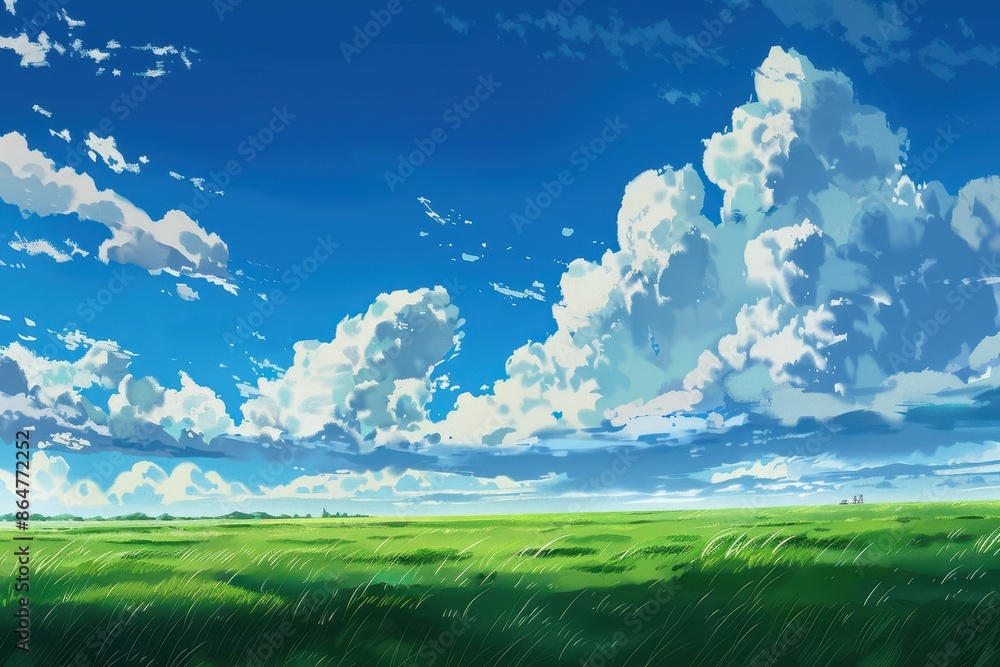 Obraz premium Beautiful blue sky with fluffy white clouds over a green grassy field. Natural landscape with scenic sky and fresh green grass. Concept of tranquility and peace.