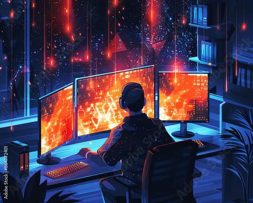 A gamer sitting in front of three computer monitors playing an intense video game.