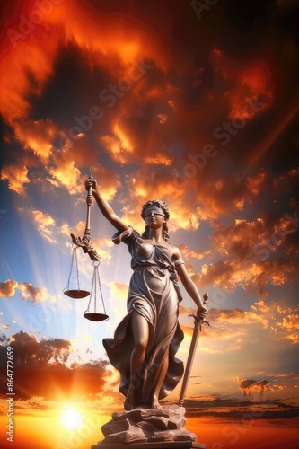A statue of a woman holding scales with a sword in her hand