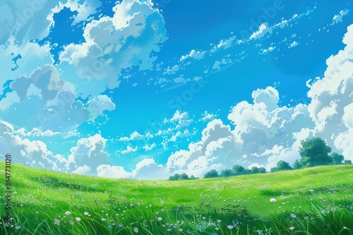 Beautiful anime landscape illustration of blue sky with white clouds over green grass field, with trees in the distance. Concept of peace, calmness, and tranquility.