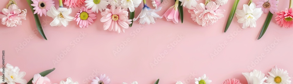 Spring flower frame, pastel gradient, blooming hyacinths and daisies, cheerful and delicate Spring flower frame, pastel gradient, blooming hyacinths and daisies, cheerful and delicate