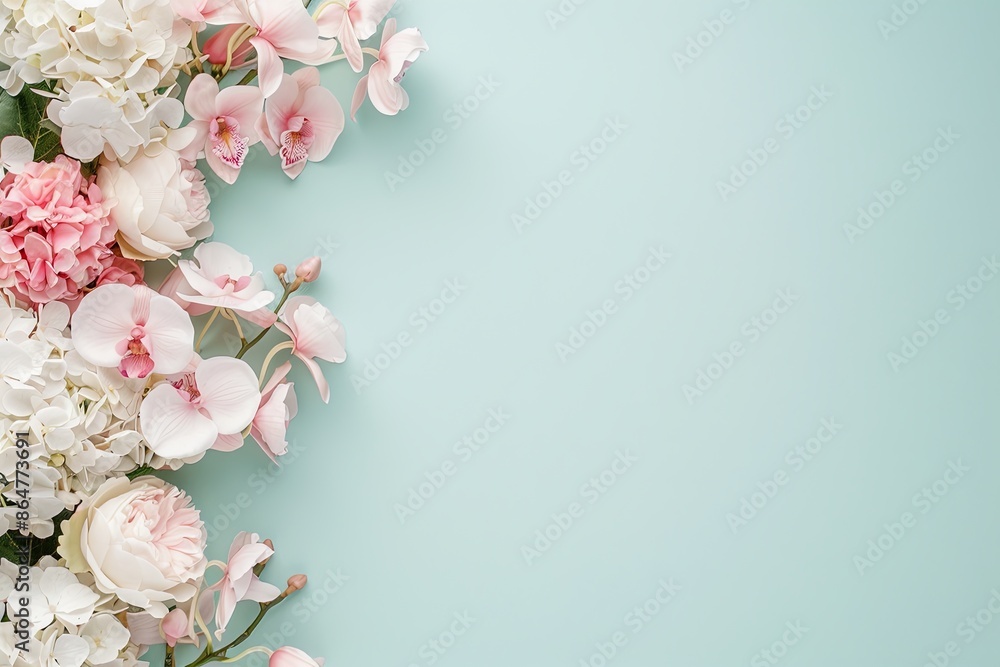 Floral arrangement with hydrangeas and orchids, left side, bright pastel background, luxurious and cheerful Floral arrangement with hydrangeas and orchids, left side, bright pastel background, luxurious and cheerful