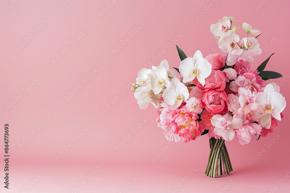 Bouquet with peonies and orchids, right side, bold gradient background, luxurious and elegant Bouquet with peonies and orchids, right side, bold gradient background, luxurious and elegant