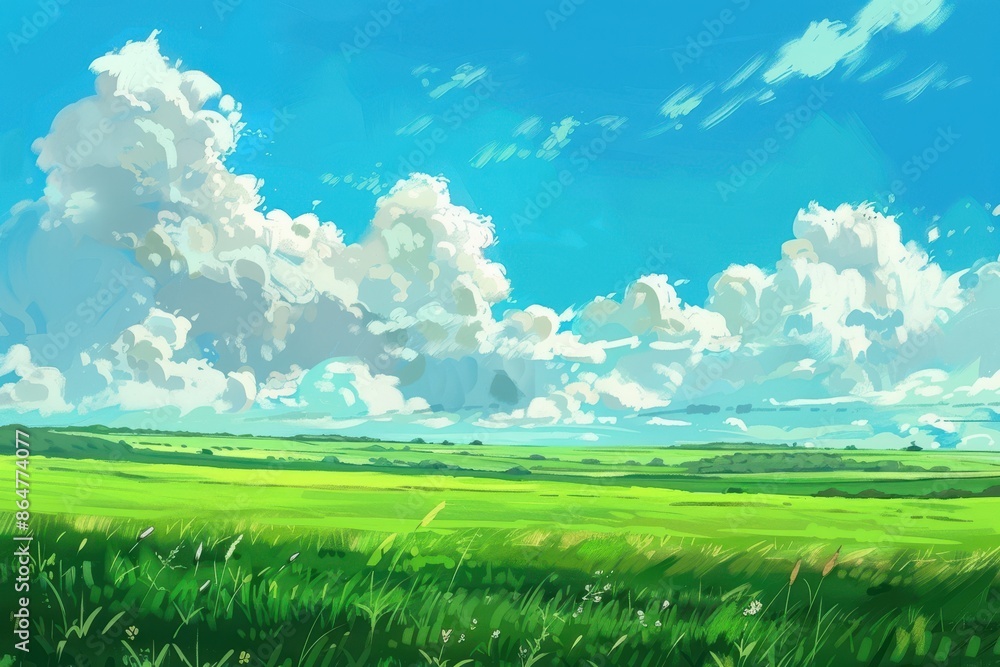 Green grass field with white clouds in a blue summer sky. Calm and serene landscape. Green grass field with white clouds in a blue summer sky. Calm and serene landscape.