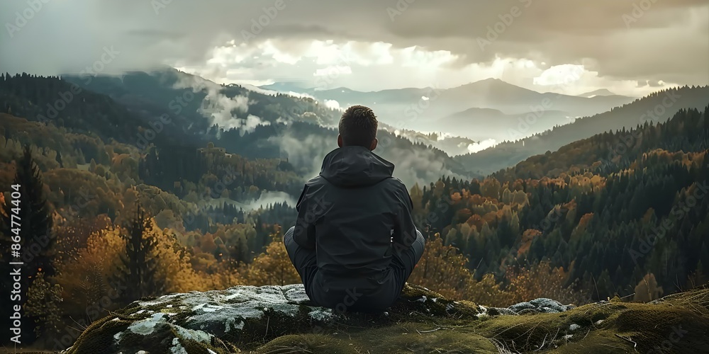 Fototapeta premium Contemplative Man Admiring Forested Hills Under Cloudy Sky. Concept Nature, Contemplation, Man, Forested Hills, Cloudy Sky
