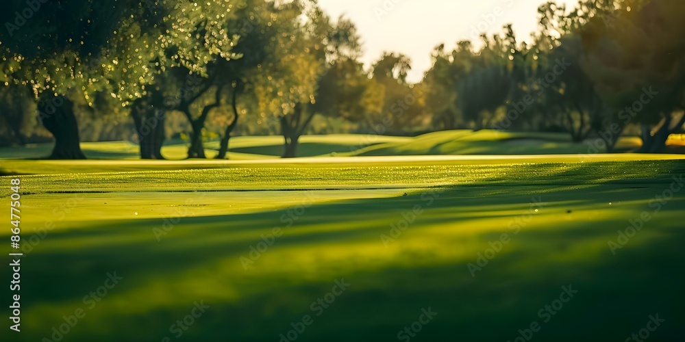 Fototapeta premium Tranquil Golf Course at Dusk Glowing in Warm Evening Light. Concept Outdoor Photoshoot, Nature Photography, Golden Hour, Sunset Views, Serene Landscapes