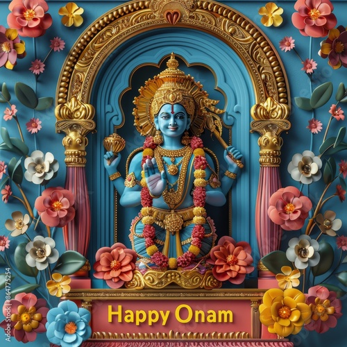 Happy Onam Greeting With Deity Statue and Floral Decorations