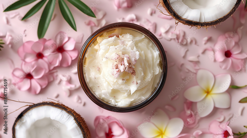 Organic coconut butter in wooden bowl with coconut shells and tropical flowers on pink background. Spa concept. Organic coconut butter in wooden bowl with coconut shells and tropical flowers on pink background. Spa concept.
