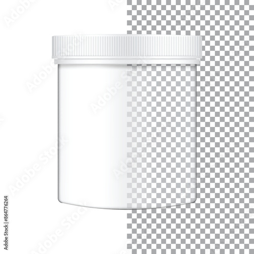 Empty transparent plastic bottle mockup for medicine pills or supplement. Vector