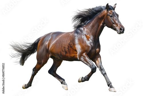 A horse galloping with mane flowing, captured on a white background