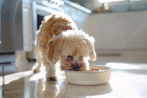 Small dog eating dry kibble food from pet bowl on kitchen floor photo