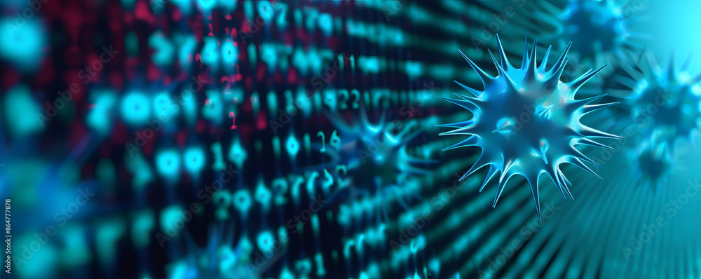 Digital representation of virus cells on a matrix background. Concept illustrating cybersecurity threats, malware, and computer viruses. Digital representation of virus cells on a matrix background. Concept illustrating cybersecurity threats, malware, and computer viruses.