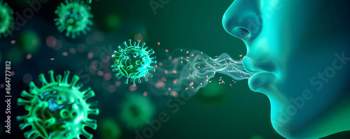 Digital illustration depicting the spread of viruses through respiration, showcasing the transmission of bacteria via air droplets.