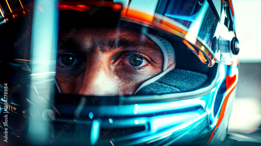 closeup face of racer wearing black helmet closeup face of racer wearing black helmet