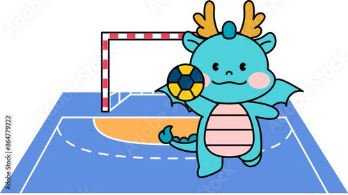 핸드볼 경기를 하는 용 캐릭터