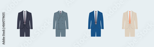 Different Types of Men's Suits. Vector illustration showing four types of men's suits: single-breasted, double-breasted,peak lapel,and shawl lapel. Each suit is displayed in a distinct color and style